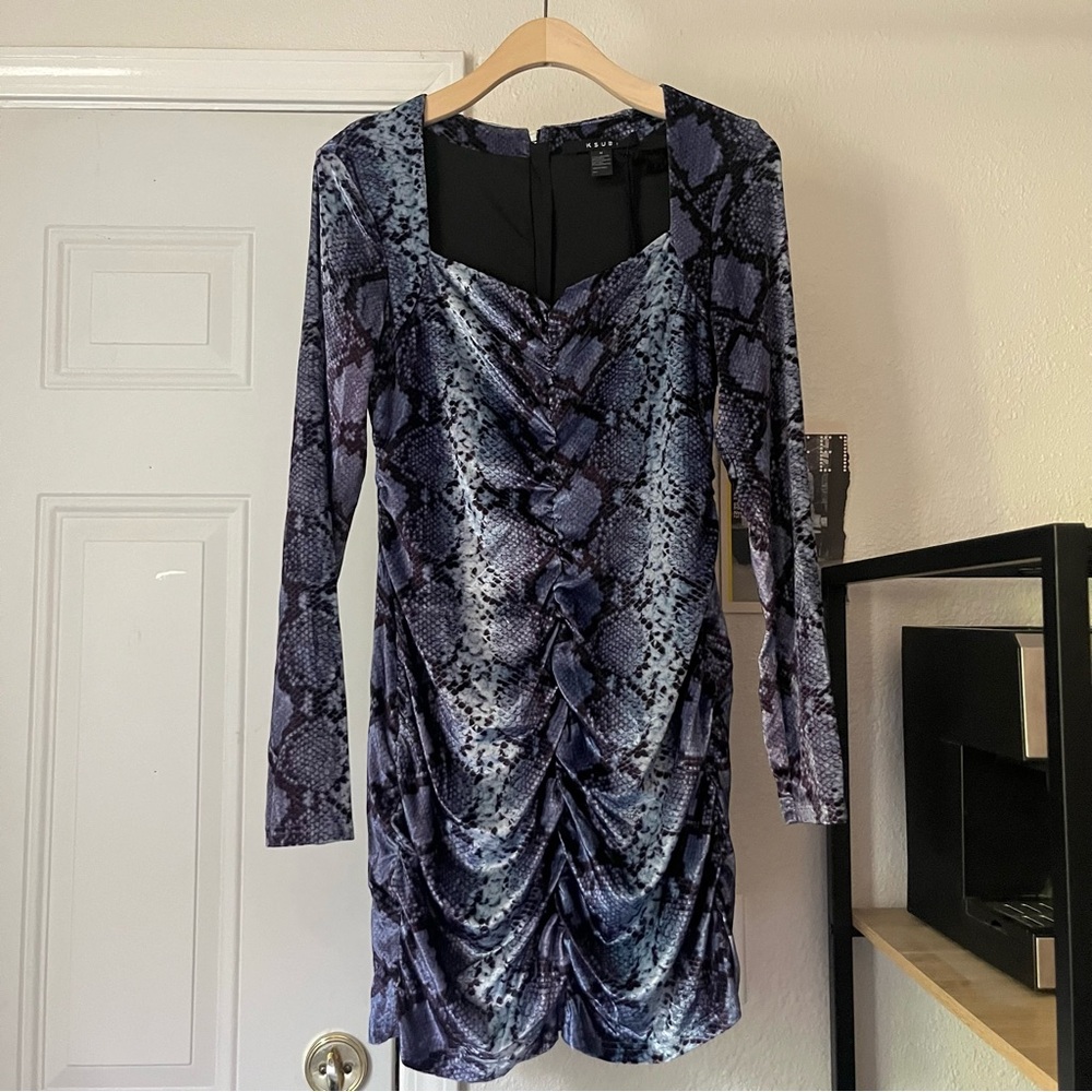NWT KSUBI purple silk rayon snake python knit velvet ruched bodycon mini dress‎